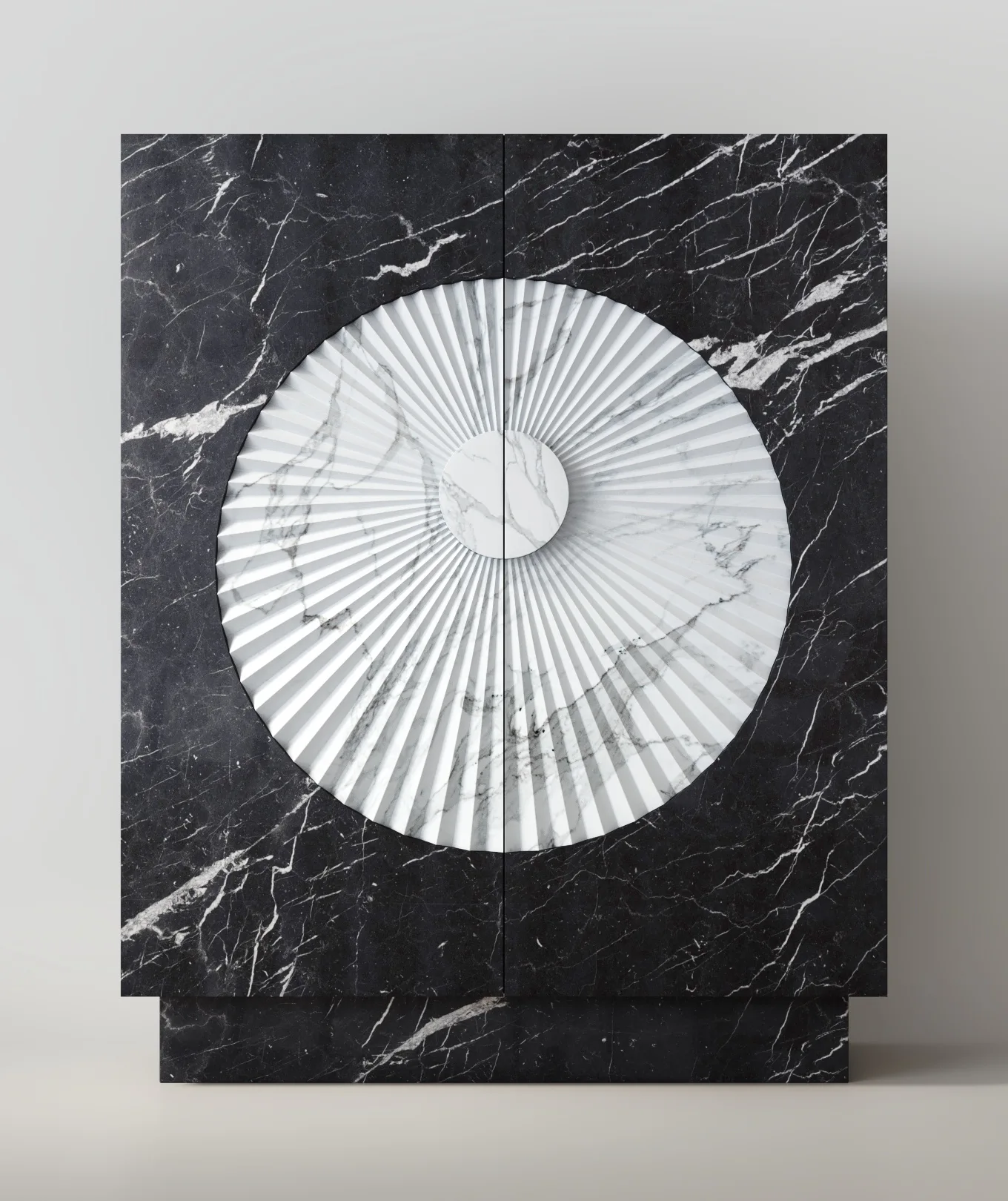 Dunkler Viyalo Steinbarschrank mit kreisförmigem Relief