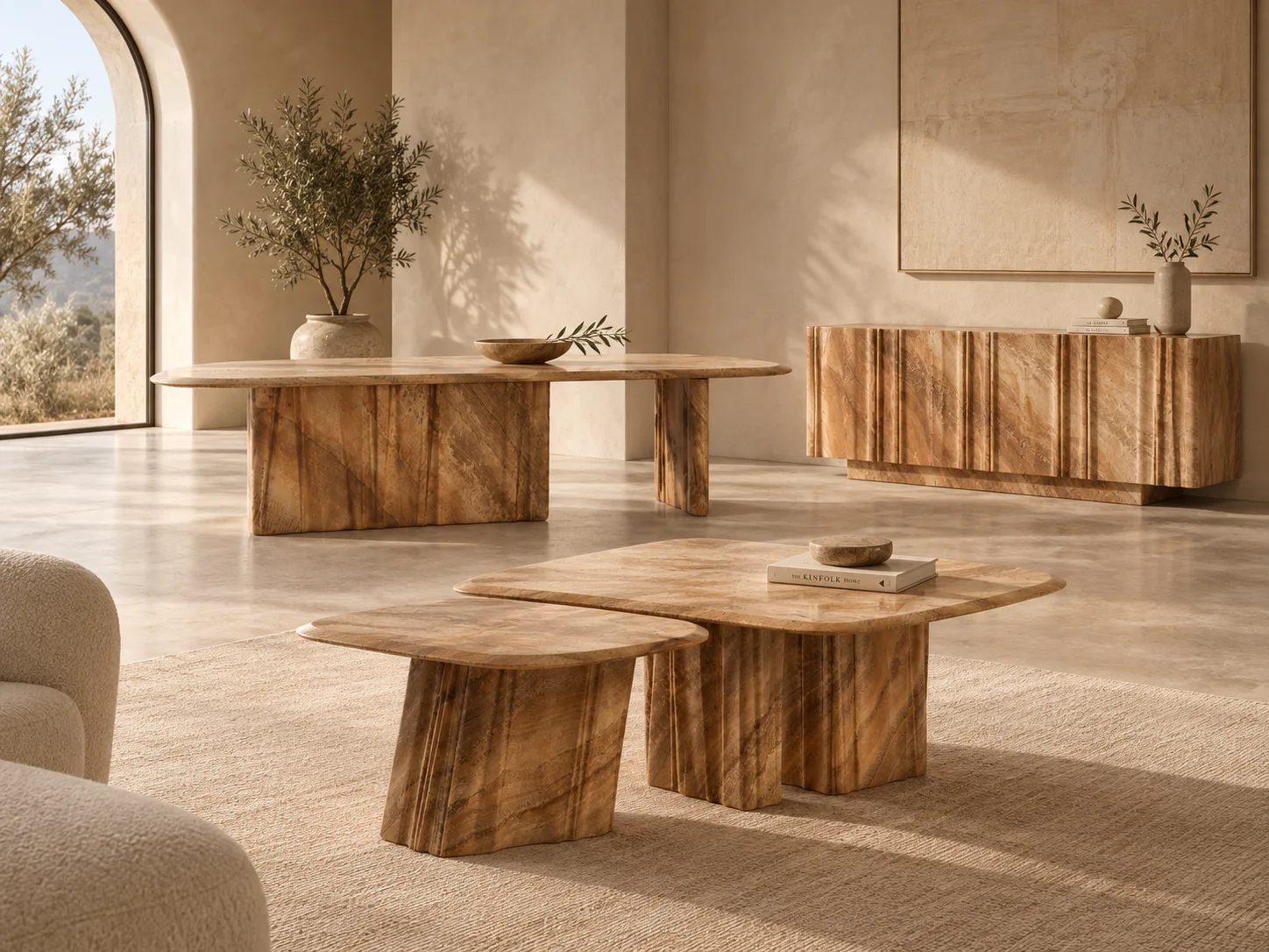 Wave tables and sideboard in an interior scene