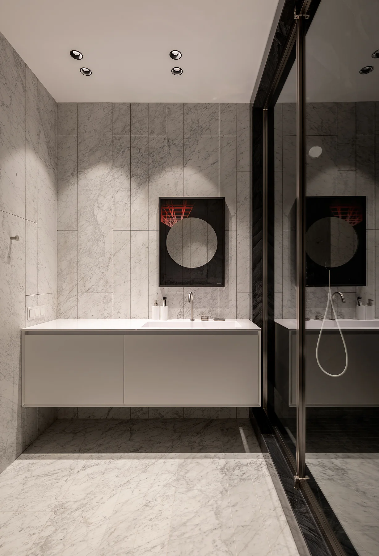 Light stone vanity, walls and bathroom floor